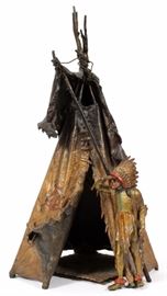 Lot#2016, FRANZ BERGMANN (AUSTRIAN, 1898-1963), COLD-PAINTED BRONZE SCULPTURE, H 16" A Native American man standing aside a teepee decorated with battle scenes.  Impressed at the back with maker's mark, 'Geschutzt' and 3605 (see additional photo).  Measures approximately H.16" x 10".