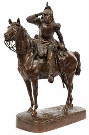 Lot#2006, MATHILDE THOMAS-SOYER (FRENCH, 1860-1940), BRONZE SCULPTURE, H 22", CUIRASSIER À CHEVAL. A soldier on horseback peering into the distance.  Signed at the edge of the base, and stamped with foundry mark at one end (see additional photo).  Measures H.22 1/2" x 21" x 8" approximately.