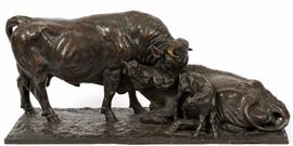 Lot#2009, SIRIO TOFANARI (ITALIAN, 1886-1969), BRONZE SCULPTURE, H 13", L 28", D 11", BULL, COW, AND CALF. Sirio Tofanari (Italian, 1886-1969). Bull, Cow, and Calf. Bronze. Incised signature to base. Having Riservati foundry mark stamped to base.

Provenance: 
Sold: Frank H. Boos Gallery, Troy, MI: Thursday, October 27, 2005, Lot 532.