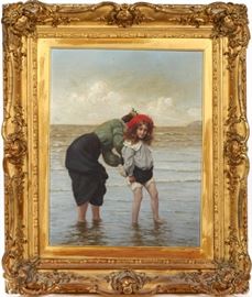 Lot#2024, FRANK PERCY WILD (BRITISH, 1861-1950), OIL ON CANVAS, H 18", W 14", CHILD AND MOTHER AT BEACHSIDE. Depicting a mother and daughter wading.  Signed in the lower right corner.  Gilt frame, overall measures H.26" x 21 3/4".