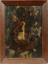 Lot#2019, LEROY FOSTER (MICHIGAN,1925-1993), OIL ON BOARD, SEATED BLACK FEMALE NUDE, H 36", W 25" Wide frame; signed upper right; black Detroit artist