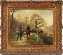 Lot#2022, JEAN RICHARD GOUBIE (FR.1842-99), OIL ON CANVAS, 1874 'MORNING CANTER' 16" X 19" Signed lower left and dated 1874. Student of Jean-Leon Gerome, known for his equestrian scenes of Belle Epoque riders in French countryside. Born in Paris 1842. From the collection of Michael J. Kearins, who lived in Grosse Pointe Shores.