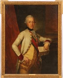 Lot#2023, ATTRIBUTED TO SCHRETTER (AUSTRIAN), OIL ON CANVAS, 18TH C., H 47", W 35", PORTRAIT OF A GENTLEMAN HOLDING DOCUMENT. Having an 18th century frame. Signature on document in gentleman's hand. From a prominent Bloomfield Hills collector.
