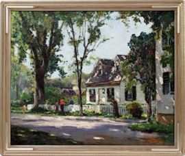 Lot#2036, ANTHONY THIEME (AMERICAN, 1888-1954), OIL ON CANVAS, H 24", W 29", "MOUNT PLEASANT STREET, ROCKPORT" Anthony Thieme (American, 1888-1954). "Mount Pleasant Street, Rockport". Oil on canvas. Signed lower right.  Titled on verso of canvas and marked 1304 E.