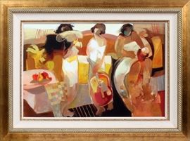 Lot#2030, HESSAM ABRISHAMI, IRANIAN, OIL ON CANVAS, FIGURES WITH GUITAR BY SOFA, H 30", W 44" Born 1951; signed lower left; framed.