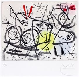 Lot#2043, JOAN MIRO COLORED ETCHING, H 8", W 10.25", "PREPARATIFS D'OISEAUX I" Joan Miro [Spanish, 1893-1983].  Pencil signed lower right and numbered edition 67/75.  The J. L. Hudson Gallery label on verso.  Framed and matted under acrylic.