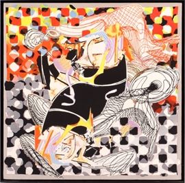 Lot#2042, FRANK STELLA (AMERICAN, B.1936), SCREENPRINT ON SILK SHAWL, 1994, H 54", W 54", "THE WHALE-WATCH SHAWL" Signed and dated in the matrix lower center; edition of 650; colorful; the shawl has been stretched over a board and then floated in the frame, therefore what you see facing out measures 51" x 51" not including the part overlapping the board.  Does not have the box with publishing information that it originally came in.