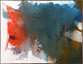 Lot#2038, GENE D BERRY, ACRYLIC COLLAGE, 1968, H 47 1/4", W 59 1/4"Dated 1968. Framed and signed lower right.