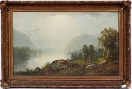 Lot#2034, HERMAN GEYER (AMERICAN, 19TH C.), OIL ON CANVAS, H 22", W 36", HUDSON RIVER LANDSCAPE. Signed lower right; gilt period or original frame.