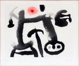 Lot#2044, JOAN MIRO COLORED ETCHING, H 10", W 13", "LE MONOCLE" Joan Miro [Spanish, 1893-1983].  Pencil signed lower right and numbered edition 20/75.  The J. L. Hudson Gallery label on verso.  Framed and matted under acrylic.
