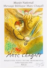 Lot#2051, MARC CHAGALL (FRENCH/RUSSIAN, 1887-85), SIGNED EXHIBITION POSTER, 1974, H 29.5", W 20.5" A signed Marc Chagall exhibition poster for the show "Message Biblique Marc Chagall", an exhibition of the complete set of biblical paintings by Chagall. The thematic thread that bound the canvases together was Chagall's interpretation of various episodes from three Old Testament books: the Song of Songs, Genesis and Exodus. Signed and dated in marker lower right. From an edition of 200 plus artist proofs. Poster printed by Charles Sorlier.