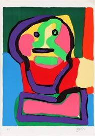Lot#2052, KAREL APPEL (DUTCH, 1921-2006), COLOR LITHOGRAPH, 1970, H 26" W 20", "FACE" Karel Appel (Dutch, 1921-2006). "Face". Color lithograph. 1970. Signed and dated in pencil lower right. "H.C. (Hors Commerce Proof)" annotated in pencil lower left.