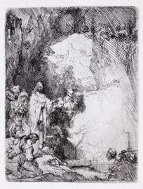 Lot#2046, REMBRANDT VAN RIJN (DUTCH, 1606-'69), ETCHING, POSTHUMOUS PRINTING, H 5 3/4", W 4 1/4", "THE RAISING OF LAZARUS: SMALL PLATE" Black lacquer frame. Frame size 16" x 13".  Later printing (posthumous) on laid paper; plate signed and dated;  7" x 5" paper size. From a prominent Bloomfield Hills collector.