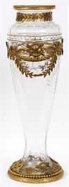 Lot#2058, FRENCH, BRONZE & CRYSTAL MAGNUM VASE, CIRCA 1880 H 24" Hand etched crystal. Laurel leaves, quiver and arrows, wreath in bronze mounts. From a prominent Bloomfield Hills collector.