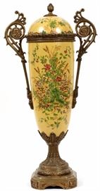 Lot#2059, FRENCH, URN STYLE, HAND PAINTED PORCELAIN CENTERPIECE, H 22 3/4" Birds, butterfly, flower and leaf design. With lid.