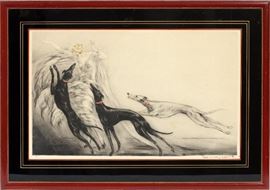 Lot#2049, LOUIS ICART (FRENCH, 1888-1950), AQUATINT, DRYPOINT & ETCHING, 1929, PLATE SIZE: H 15", W 24 3/4", "COURSING II" Pencil signed; windmill chop; edition #E 262/500; framed (reverse painted glass mat).
