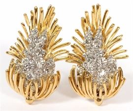 Lot#2070, KURT WAYNE 3.00CT DIAMOND EARRINGS, PAIR, H 1 1/4"Radiating bursts of 18kt yellow gold and platinum cradle 3.00cts of round cut diamonds.  The diamonds have an E-F color and VVs-2 clarity grading.  Measures H.1 1/4" x 3/4".  Weighs 20.3 grams.