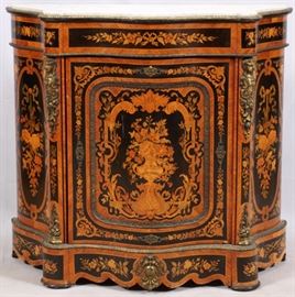 Lot#2096, FRENCH MARBLE TOP PARQUETRY CABINET, CIRCA 1800 H 42", W 46", D 17" Exceptional marquetry work. Bronze ormolu mounted with female heads at corners, serpentine front, ebony and satinwood with oak secondary wood. Single door opening to three interior shelves. From a prominent Bloomfield Hills collector.