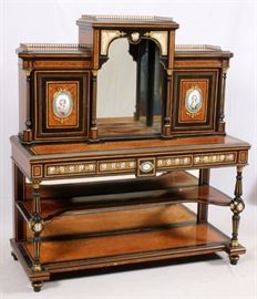 Lot#2099, FRENCH, LOUIS XVI EBONY & SEVRES CABINET WITH WRITING DESK 19TH.C. H 58", W 53", D 21" Magnificent 19th.c burled walnut and bronze mounted cabinet. Forty six Sevres plaques. Center open niche, mirror back. Three drawers, one with tooled leather writing slide. Two upper cabinets with oval Sevres portraits of Madame de Pompadour and other French nobility. In two pieces. From a prominent Bloomfield Hills collector.