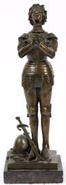 Lot#2115, NOEE, MEDIEVAL STYLE, BRONZE SCULPTURE, H 16", JEANNE D' ARC. Sculpture depicts medieval figure with sword at feet with helmet. The height includes with base. Base is 5 1/2" x 5".