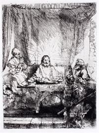 Lot#2047, REMBRANDT VAN RIJN, ETCHING WITH DRYPOINT, POSTHUMOUS PRINTING, PLATE:  C. H 8", W 6", "CHRIST AT EMMAUS: THE LARGER PLATE" Visible paper size 13 1/4" x 14 1/4".  Posthumous printing on laid paper (14" x 10" paper size"); signed in the plate.  Howard Mann Art Center, Lambertville, NJ sticker on verso of framing. From a prominent Bloomfield Hills collector.