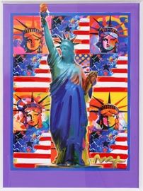 Lot#2141, PETER MAX, MIXED MEDIA H 21" W 15" GOD BLESS AMERICA. God bless America with five liberties. Embellished lithograph. Signed. Custom frame. Purchased at Park West in 2005.
