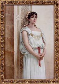 Lot#2147, HAND PAINTED PORCELAIN PLAQUE, H 9", W 6.25", PORTRAIT OF A STANDING WOMAN. Depicting a woman with dark hair wearing a scarf and a red sash at her waist.  Birmingham Gallery label on verso.  Unsigned.  Framed.