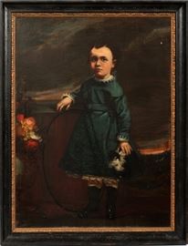 Lot#2169, AMERICAN PRIMITIVE OIL ON CANVAS, 19TH C. H 40", W 30", CHILD WITH HOOP. Idyllic setting.