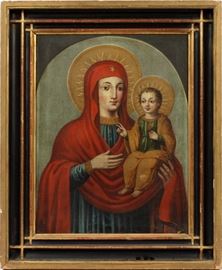Lot#2178, ANTIQUE, OIL ON CANVAS, RUSSIAN, H 25", L 19", THE MOTHER OF GOD SMOLENSKAYA. After the Russian icon the Mother of God Smolenskaya. Unsigned. Framed.