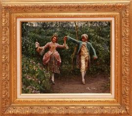 Lot#2180, LUCA POSTIGLIONE, OIL ON CANVAS, H 15 1/2", W 19 1/4", "LOVERS IN A FRENCH GARDEN" Signed lower right. Framed and matted.