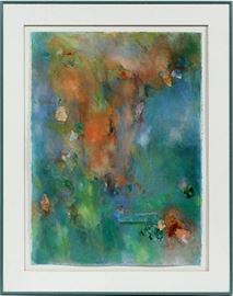 Lot#2142, MARIAN RUTH AGREE (AMERICAN 1922-2015), MIXED MEDIA, H 29 1/2", W 22", LANDSCAPE. Depicting a landscape in colors of green and orange. Signed lower right. Framed and matted under glass.