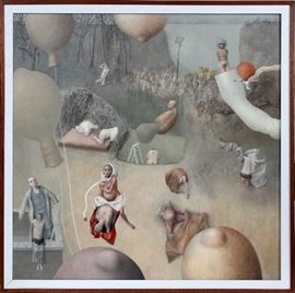 Lot#2184, DAVID BECKER (AMERICAN B.1937), OIL ON CANVAS, 1970, H 48", W 48", UNTITLED SURREALISTIC COMPOSITION. Monogrammed and dated lower left in the top of the wall; framed.