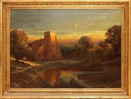 Lot#2182, JAMES FAIRMAN (AMERICAN, 1826-1904), OIL ON CANVAS, H 31 1/2", W 44" Depicting a castle over pond at sunrise.  Signed lower left and dated '83. Framed.