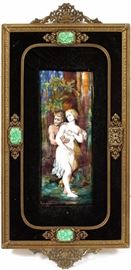 Lot#2193, A. MEYER, FRENCH, ENAMEL PLAQUE, 1901, H 8 1/2", W 3 1/4", NYMPH & SATYR IN FOREST. Frame size 16" x 8". From a prominent Bloomfield Hills collector.