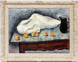 Lot#2248, JAMES PEERY OIL ON LINEN, 1994, H 21", W 28.5", STILL LIFE. James Peery [American, 20th C.].  A still life depicting six apples, pitcher and tablecloth.  Signed and dated lower right.  Framed.