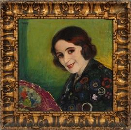 Lot#2242, J. BERMUDEZ, OIL ON CANVAS, H 18", W 18", PORTRAIT OF A YOUNG WOMAN. Depicting a smiling young woman holding a painted plate.  Signed upper left.  Framed.  Galeria Argentina label on verso.