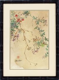 Lot#2190, YOKO MORO KANEKO, WATERCOLOR, H 17 3/4", W 11 1/2", FLORAL SCENE WITH BRANCHES AND LEAVES. Bamboo style frame. Matted under glass. Signed lower left and stamped.
