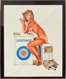 Lot#2204, MEL RAMOS (AMERICAN, B. 1935), COLOR LITHOGRAPH, 1972, IMAGE: H 26", W 20", "VANTAGE" (CIGARETTES) Pencil signed and dated lower right; no edition number on recto; paper size: 30 5/8" x 25 1/8"; floated in the metal frame.