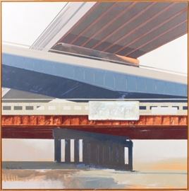 Lot#2250, WILLIAM STEFAN DAVIDEK (USA 1924-2016), OIL ON CANVAS, 1985, H 79", W 79", "FREEWAY OVERPASSES" Outside mounted frame. Prominent Flint, Michigan artist.
