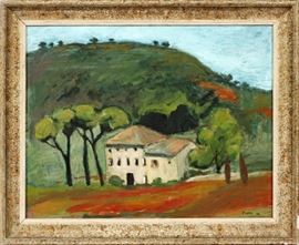 Lot#2251, JAMES PEERY OIL ON MASONITE, 1993, H 19", W 24", CHATEAU IN PROVENCE, FRANCE. James Peery [American, 20th C.].  Depicting a chateau in Provence, France with hills in the background.  Signed and dated lower right.  Framed.
