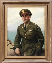 Lot#2261, BORRIELLO, OIL ON CANVAS, 1943, H 38", L 28 3/4" Depicting military man.  Seated in full dress uniform.  Signed lower right.  Framed with damage to frame.  Family picture.
