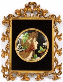 Lot#2300, M. CARUS ENAMEL ON METAL, DIA 6", "MRS. LIVERMONT" Signed and titled upper left.  Matted in a brass frame.