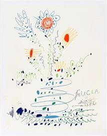 Lot#2304, PABLO PICASSO, COLOR LITHOGRAPH POSTER, 1961, IMAGE: H 22 1/2", W 18 1/4" "FLOWERS FOR U.C.L.A."#10/100; pencil signed, "Picasso"; paper size:  24" x 18 3/4"; unframed.