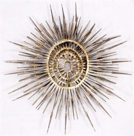 Lot#2318, SUNBURST METAL SCULPTURE, DIA 24" The sunburst wall sculpture has three tiers.  Unsigned.