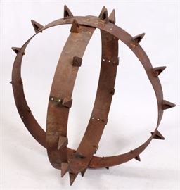Lot#2321, IRON GARDEN SCULPTURE, D 37" Two iron bands forming a sphere with spiked accents.