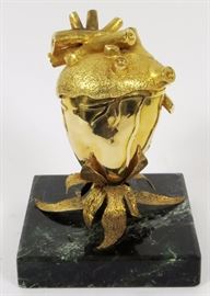 Lot#2334, 18KT SOLID GOLD AND FILIGREE HEART H 4 1/4" L 3 1/2" "18K" stamped to heart valve near top.