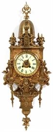 Lot#2331, FRENCH BRONZE WALL CLOCK WITH CLOCHE 19TH.C. H 27", W 10" Bell at top. Cherub mask, exotic swans at sides. #5767. From a prominent Bloomfield Hills collector.