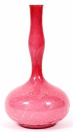 Lot#2338, CASED PINK GLASS & MICA STICK NECK VASE, C. 1875 H 11", DIA 5" Mica flecks. Circa 1875. From a prominent Bloomfield Hills collector.