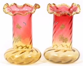 Lot#2348, AMBERINA BLOWN GLASS VASES, 1870, PAIR, H 10", DIA 6" Enamel flowers, swirl. Mouth blown From a prominent Bloomfield Hills collector.