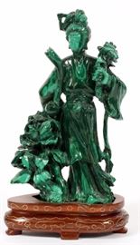 Lot#2392, CHINESE MALACHITE QUAN YIN H 5 1/2" Hand carved. Size is malachite only. Wood stand. From an elegant home on Autumn Lane, Bloomfield Hills, Mi.